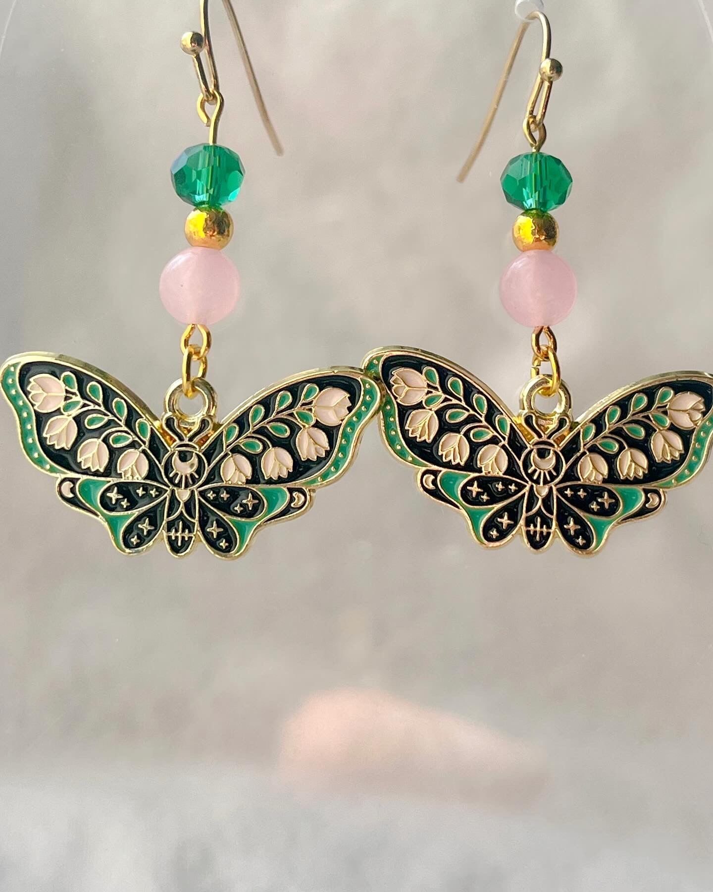 Pink and Green Moth Earrings